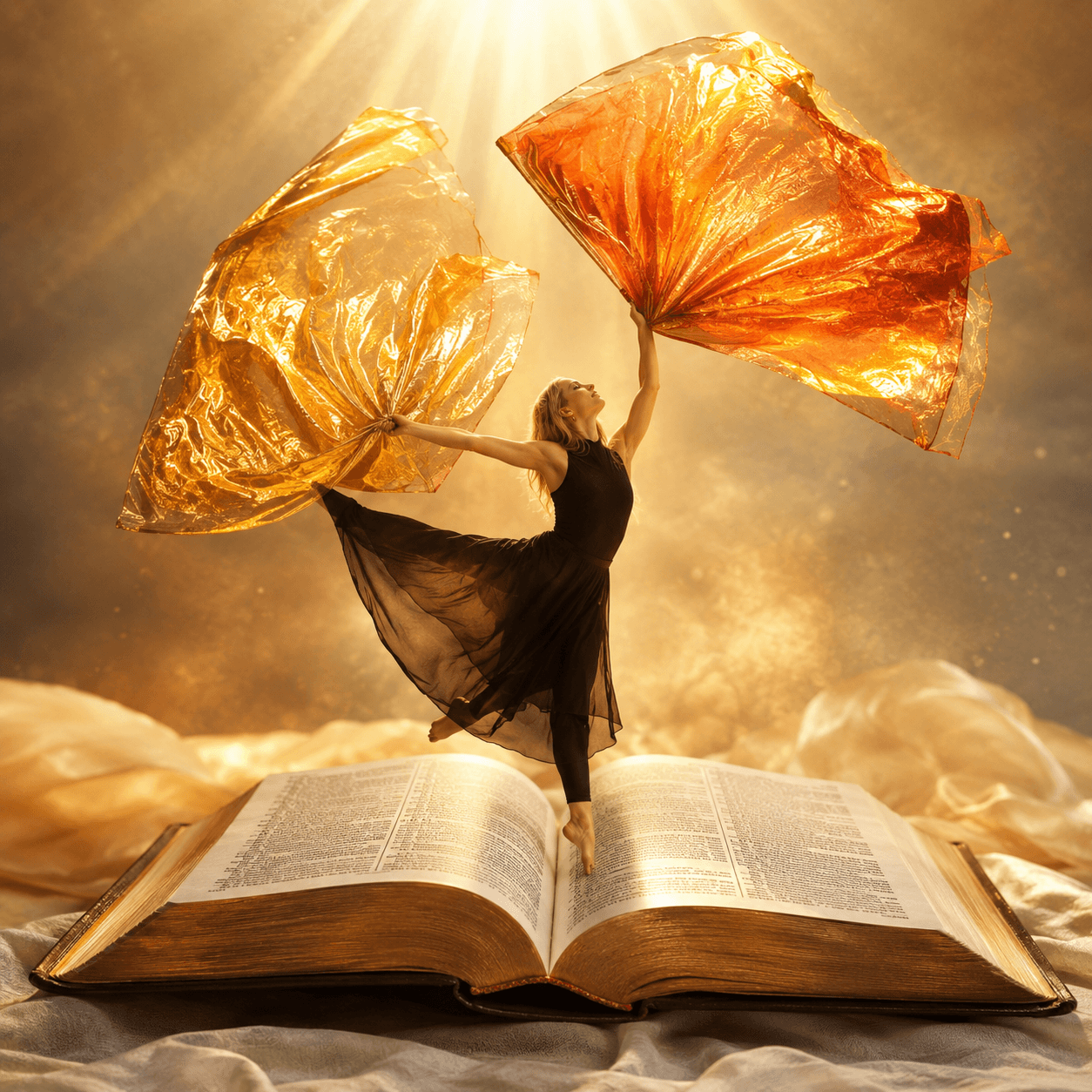 Painterly image of a worshipper lifting gold and orange worship flags above an open Bible, illustrating what does God say about flags and the biblical connection between Scripture, banners, prophetic worship, and wholehearted praise.