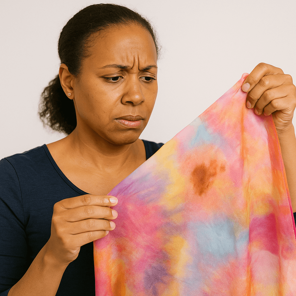 A Black female worship dancer in her 40s looks concerned while examining a visible stain on her colorful worship flag, expressing care and attention to flag maintenance.