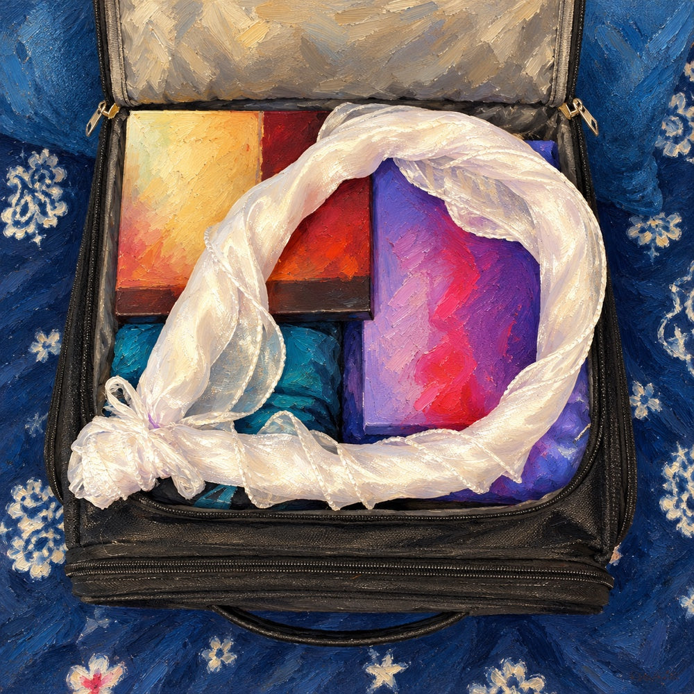 White Shimmer worship flag with its flexible quiver pole curved inside an open suitcase, over packed books and clothing.