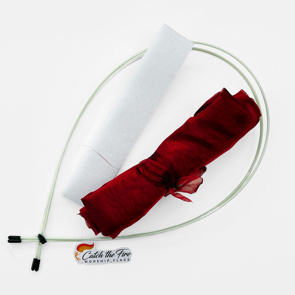 Wine-colored DIY worship flag kit with pre-cut sheer fabric, white pole pocket lining, and flexible quiver poles—symbolizing new wine, covenant, and restoration.