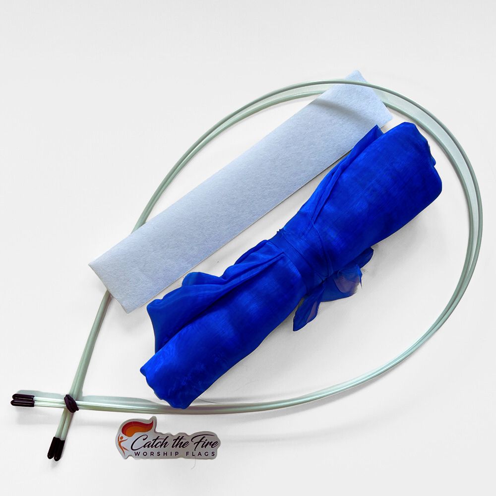 Blue sheer DIY worship flag kit with pre-cut fabric, white pole pocket lining, and flexible quiver poles—symbolizing grace, prophecy, and heavenly revelation.
