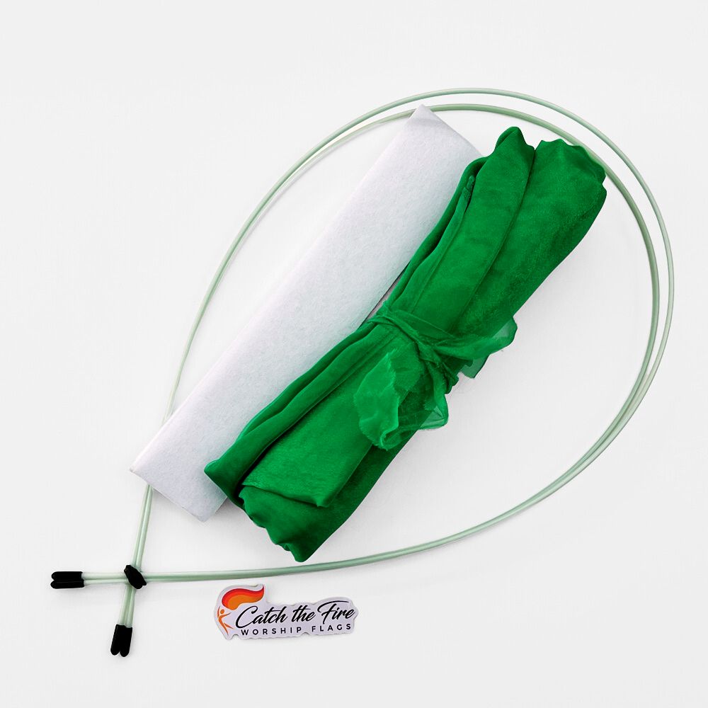 Green sheer DIY worship flag kit with pre-cut fabric, white pole pocket lining, and flexible quiver poles—symbolizing healing, new life, and restoration.