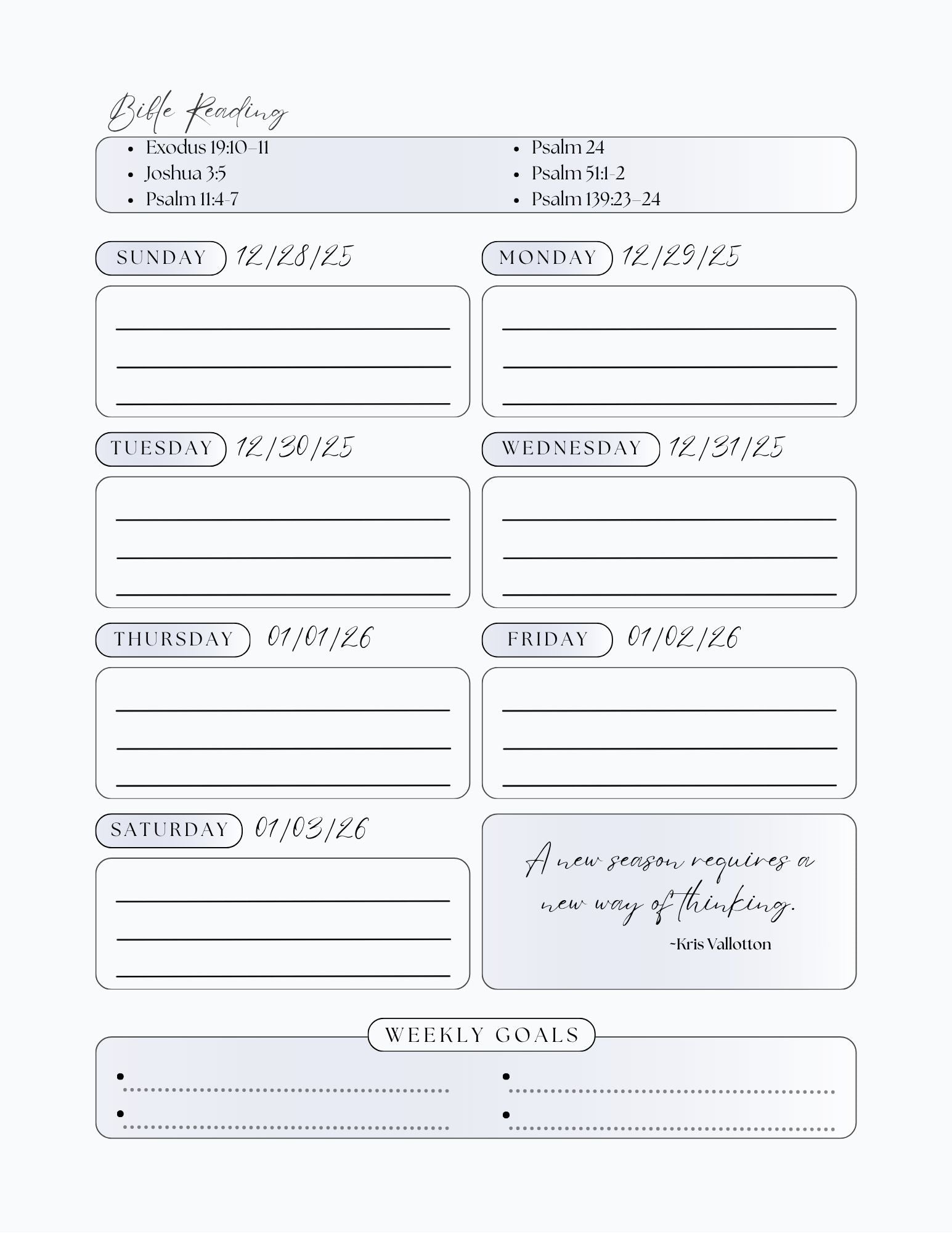 Weekly planner layout with Bible reading plan, scriptures, and goal setting from the 2026 worship planner inspired by Isaiah 43:2.