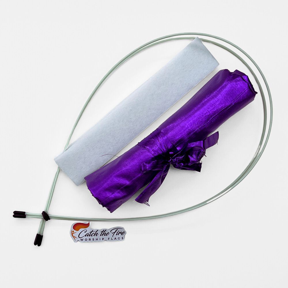 Purple metallic DIY worship flag kit with rolled fabric, pole pocket lining, and flexible quiver poles—symbolizing royalty, intercession, and authority in Christ.