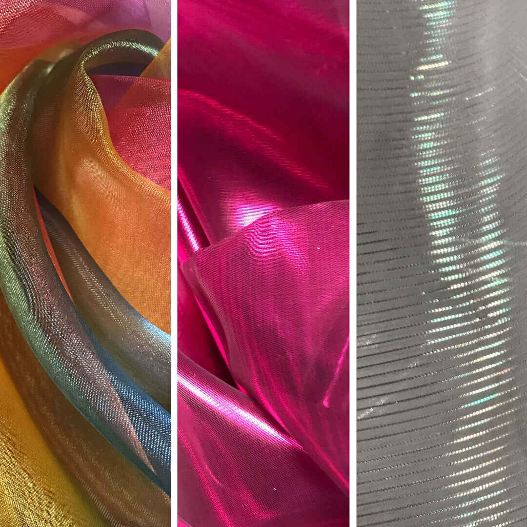 A vertical triptych of sheer, metallic worship flag fabrics. The left panel shows a swirl of rainbow-toned material with gold, blue, and pink hues. The center panel displays vibrant, glossy scarlet pink fabric with reflective shimmer. The right panel features a translucent crystal-like fabric with fine iridescent stripes catching the light.
