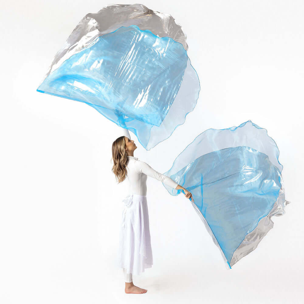 Double-layer blue and silver Amazing Grace worship flags flowing in movement