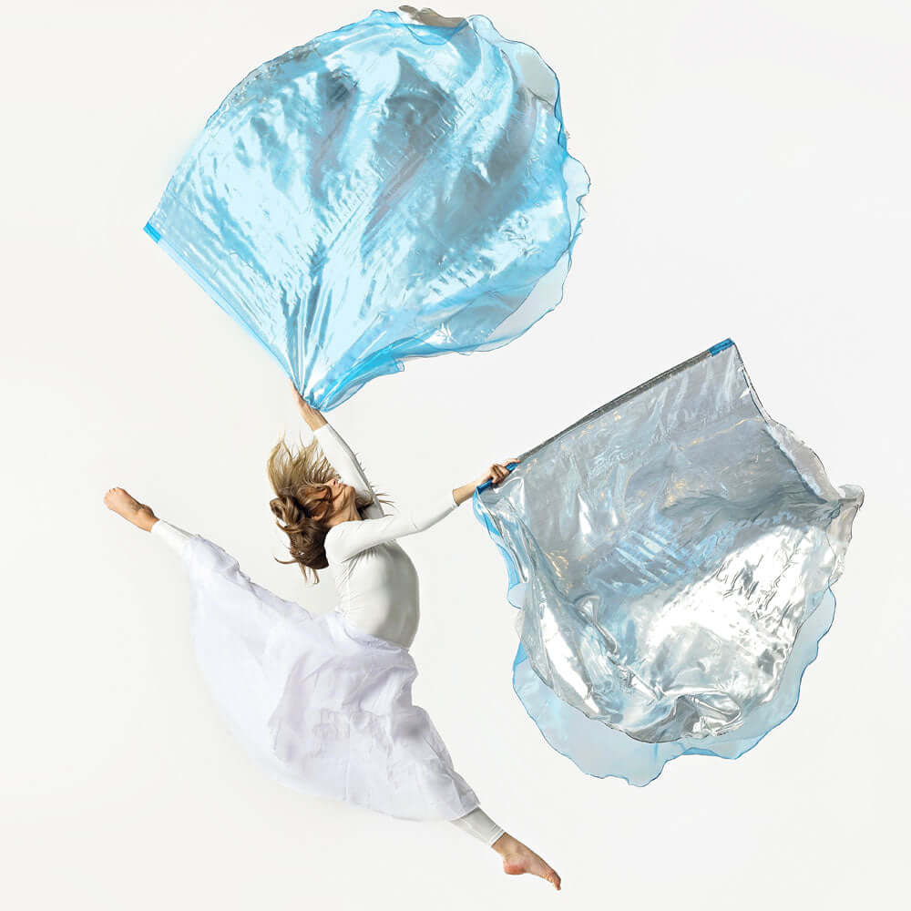 Double-layer blue and silver Amazing Grace worship flags flowing in movement