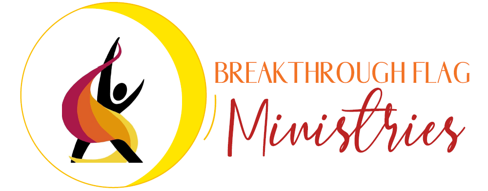 A logo for Breakthrough Flag Ministries featuring a stylized graphic of a person in a yoga pose with a pink and yellow scarf against a yellow crescent moon, alongside the text 'BREAKTHROUGH FLAG Ministries' in orange and red.