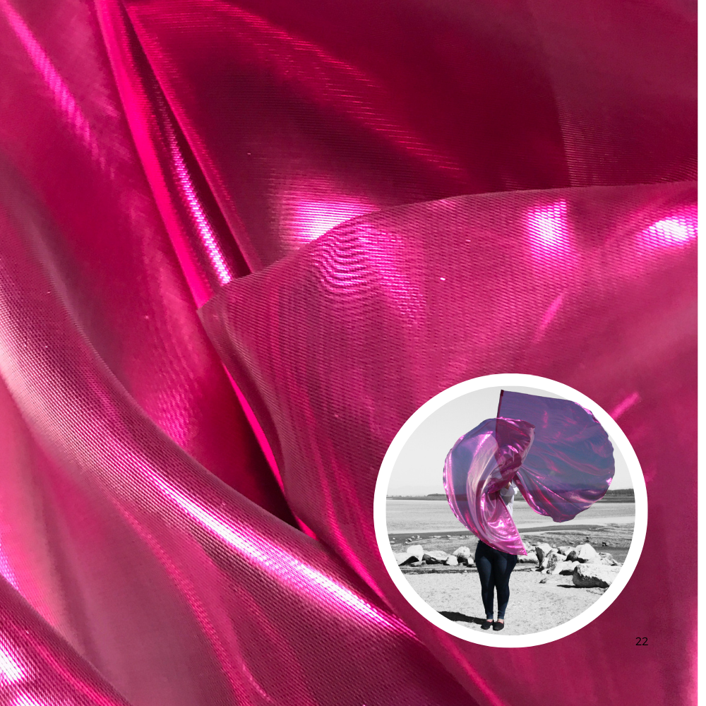 Close-up of vibrant hot pink metallic fabric with inset image of a person waving a matching worship flag in dynamic movement.