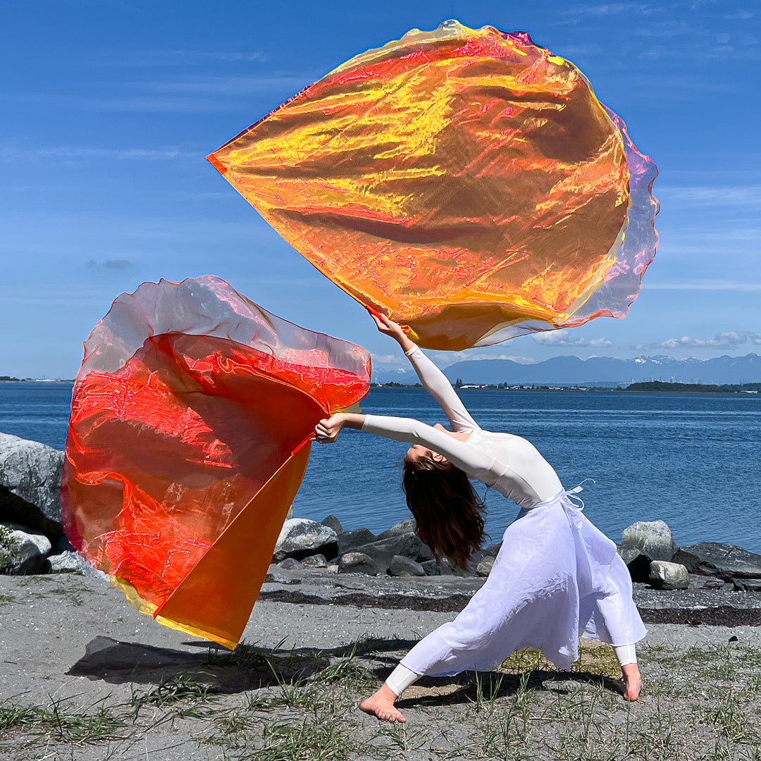 Praise dancer with Fan Into Flame worship flags with flexible poles for church banners