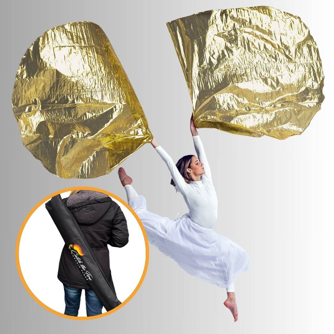 Gold metallic worship flags and flag bag bundle for expressive praise or dance
