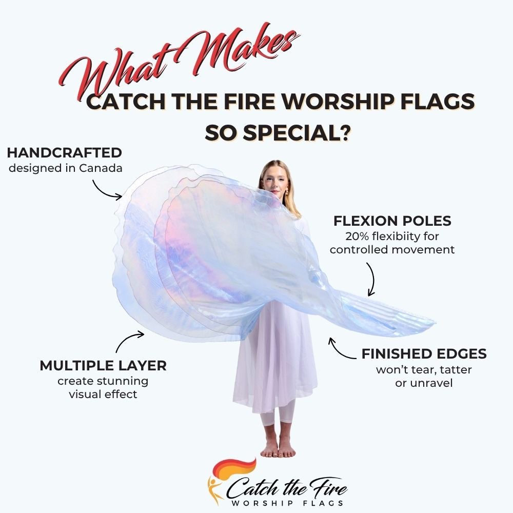 Holy & Blameless worship dance flags from Catch the Fire Worship Flags with features including finished edges, perfect size, flexion poles, handcrafted, multiple layer