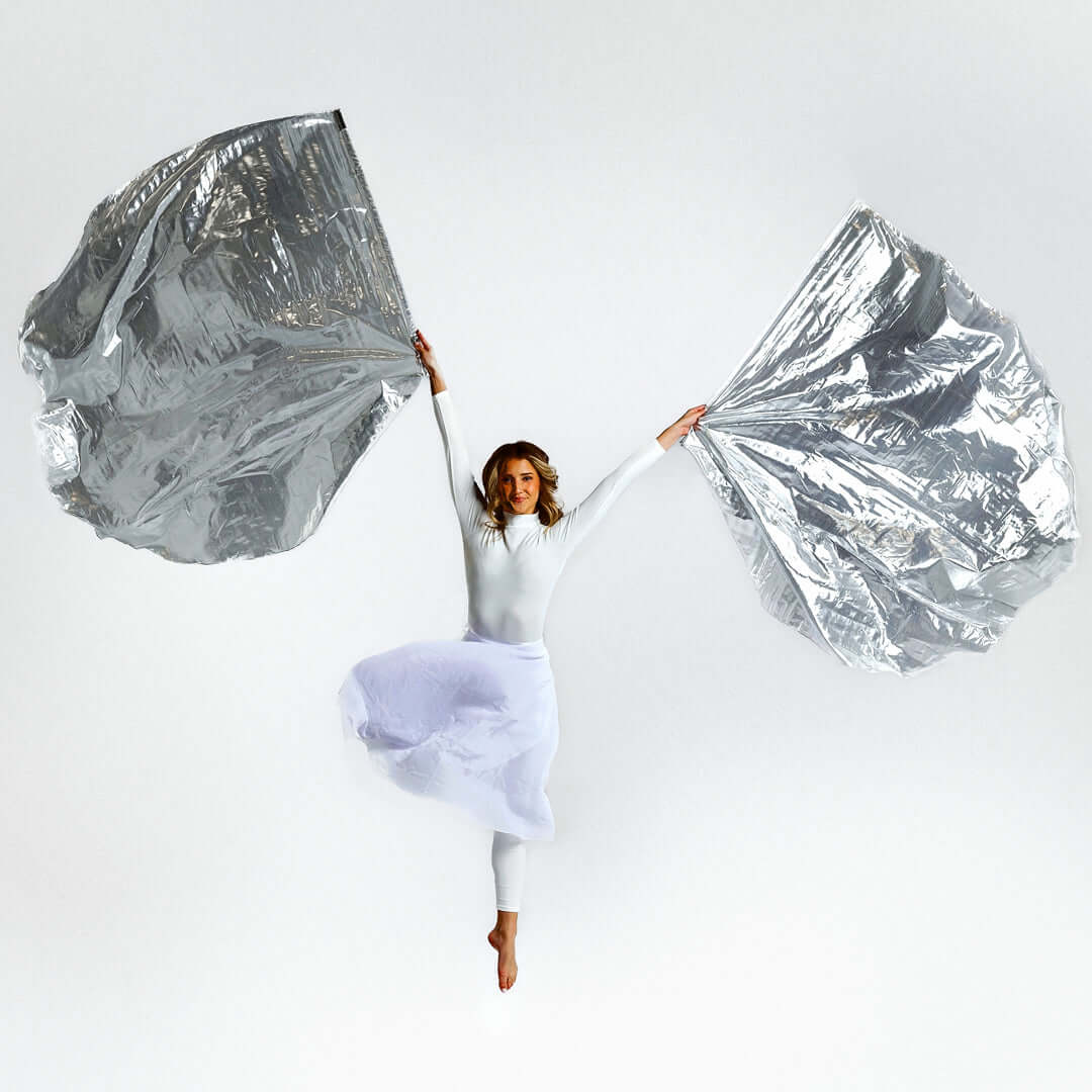 Silver Metallic Worship Flags – single-layer praise dance flags symbolizing strength and redemption