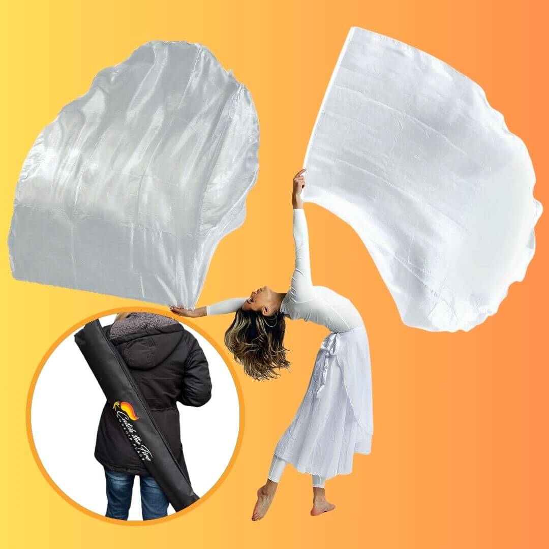 White shimmer dance flags and flag bag set for praise dancers or contemporary movement
