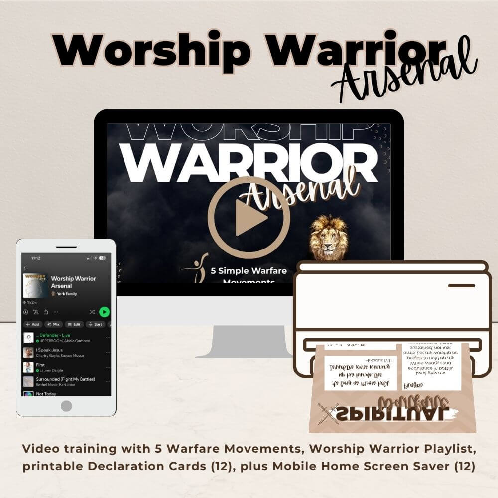 Image displaying the Worship Warrior Arsenal bundle, featuring a computer screen with a video titled "5 Simple Warfare Movements," a phone showing the Worship Warrior Spotify playlist, and printed declaration cards beside a printer.