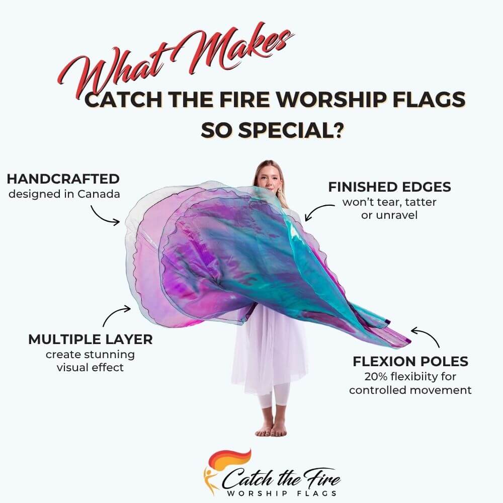 Anointed worship dance flags from Catch the Fire Worship Flags with features including finished edges, perfect size, flexion poles, handcrafted, multiple layer
