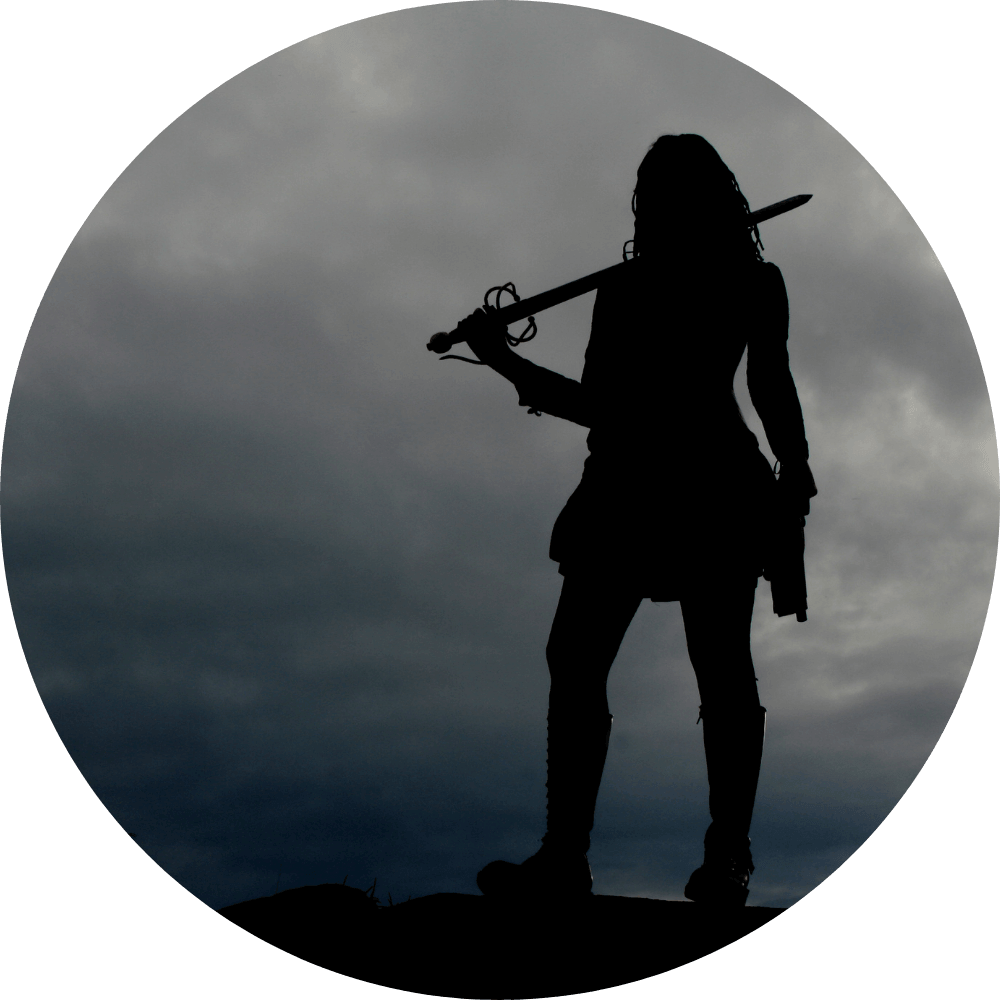Silhouette of a warrior with sword raised against stormy sky, representing spiritual battle strategy and worship warfare.