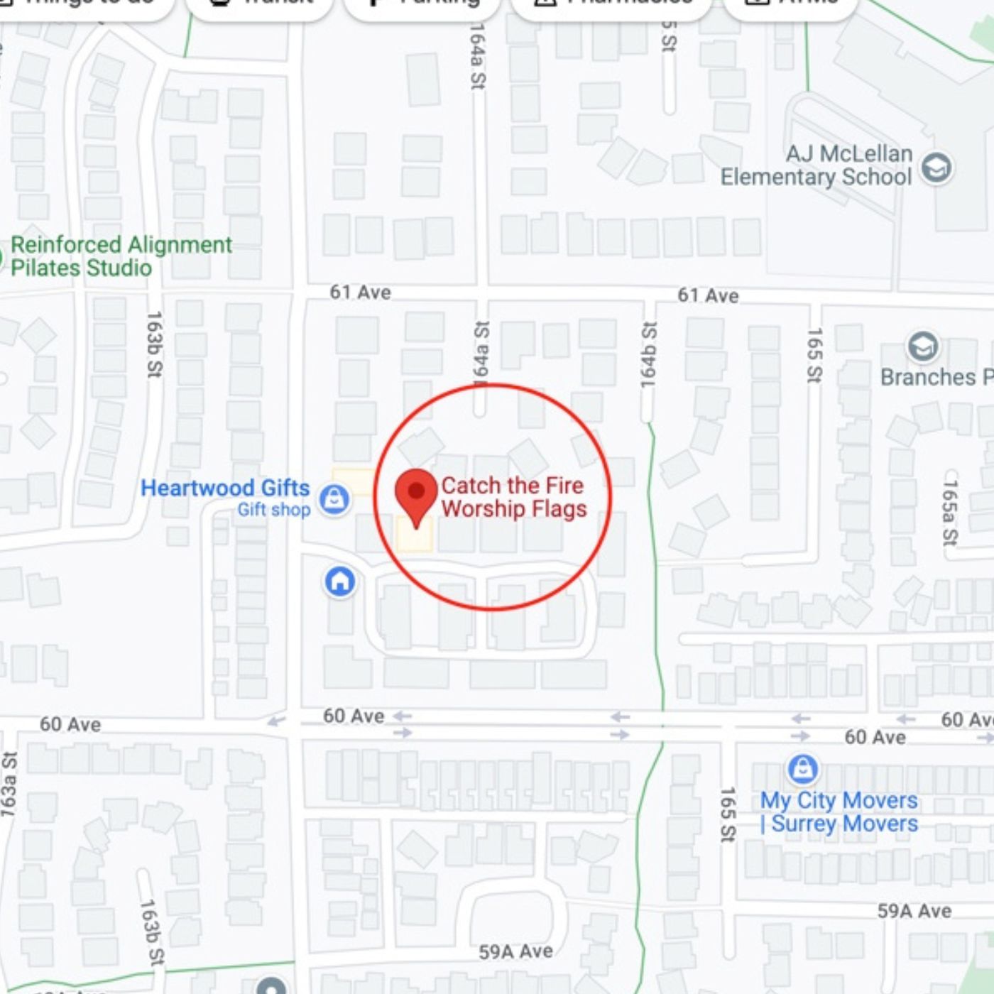 Google map displaying Catch the Fire Worship Flags’ Surrey, British Columbia location in a residential area near Heartwood Gifts — a Canadian base for handmade worship flags and prophetic resources.