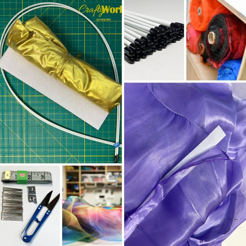 DIY worship flag making supplies including shimmer fabric, flex rods, sewing tools, and colorful flag materials. Ideal visual for handmade worship flag kits and creative flag-making tutorials.