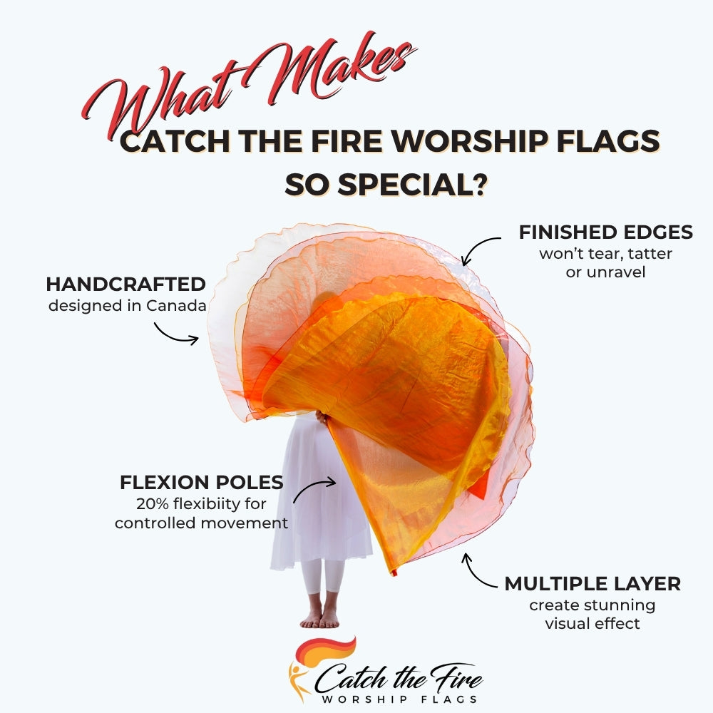 Fan Into Flame flags from Catch the Fire Worship Flags with features including finished edges, perfect size, flexion poles, handcrafted, multiple layer