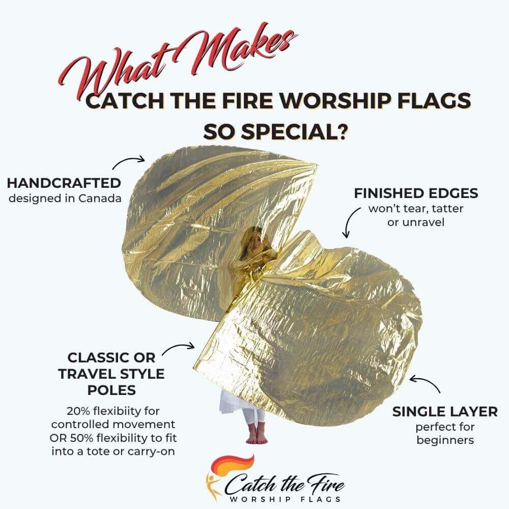 Gold Metallic flags from Catch the Fire Worship Flags with features including finished edges, perfect size, flexion poles, handcrafted, single layer for beginners or seasoned dancers