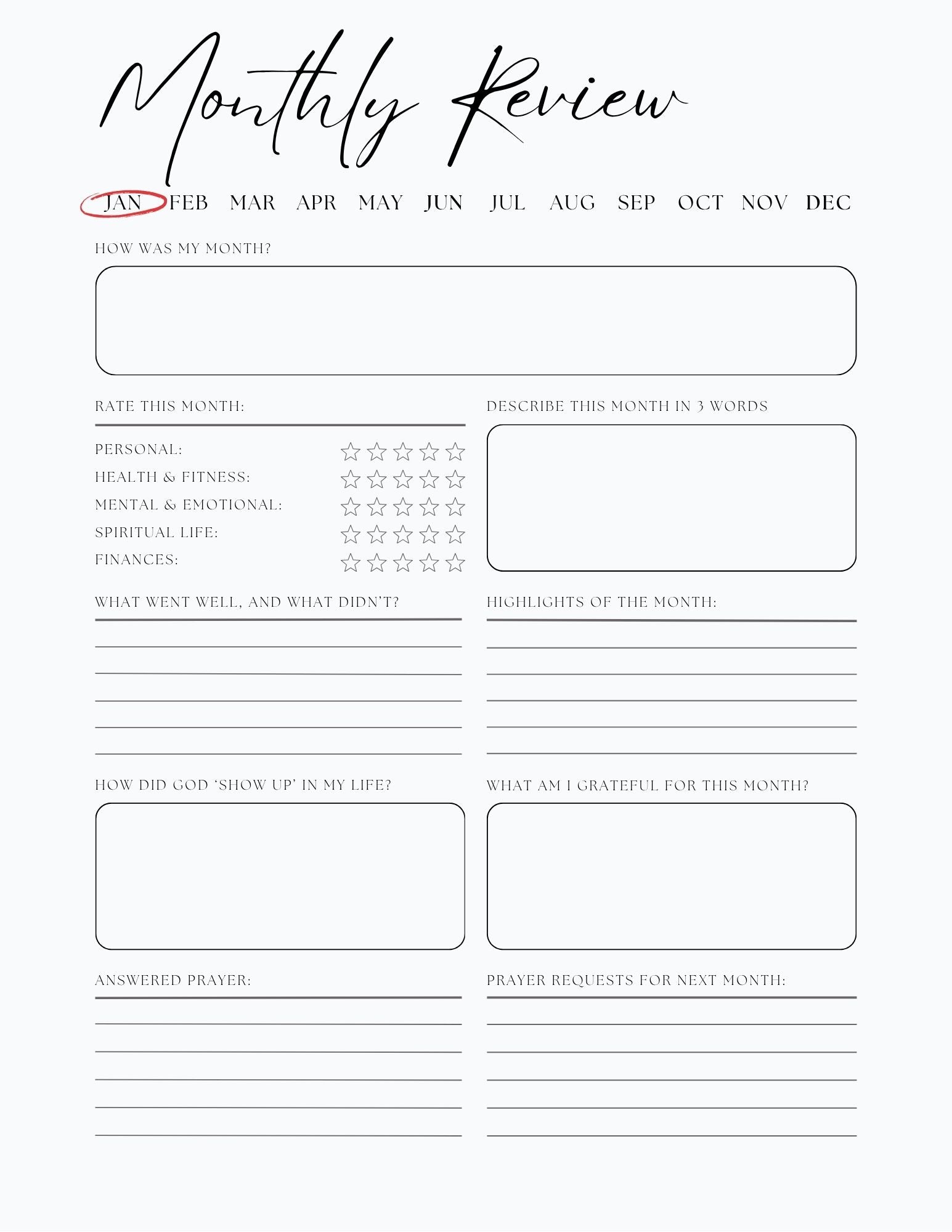 Monthly review page from 2026 faith planner featuring reflection prompts for gratitude, prayer requests, and spiritual growth tracking.