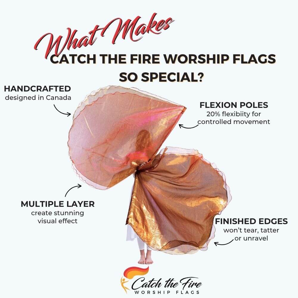 Jehovah Sabaoth worship dance flags from Catch the Fire Worship Flags with features including finished edges, perfect size, flexion poles, handcrafted, multiple layers