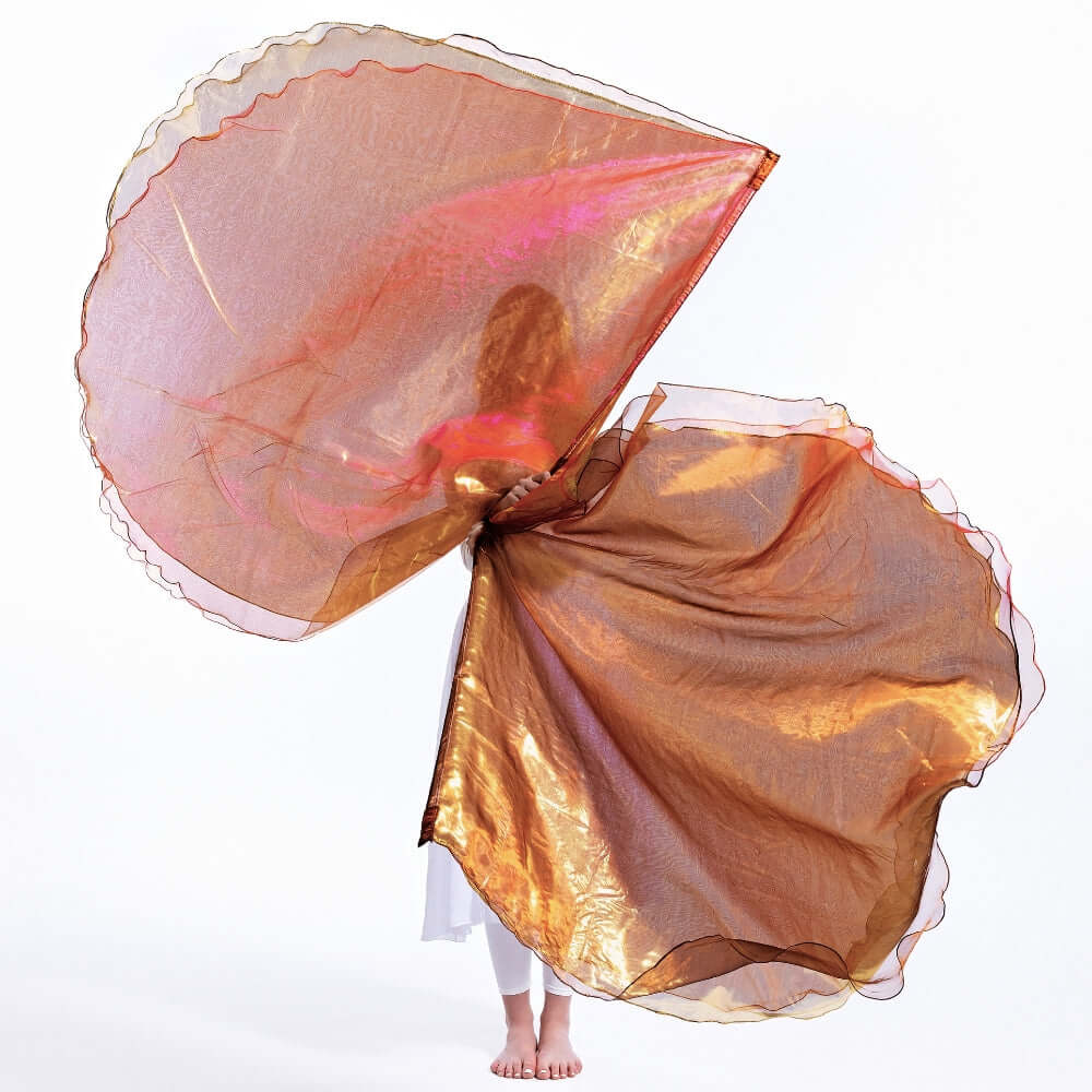 Front view of Jehovah Sabaoth flags fully unfurled, showcasing bronze and coral shimmer—Christian dance flags representing God’s glory and power.