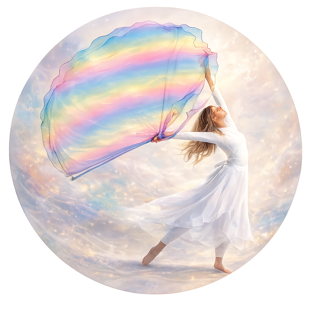 Circular painterly image of a worshipper lifting a flowing rainbow worship flag, illustrating the Prophetic Color Meanings Guide for Worship Flags and the biblical significance of color in intentional, Spirit-led worship.
