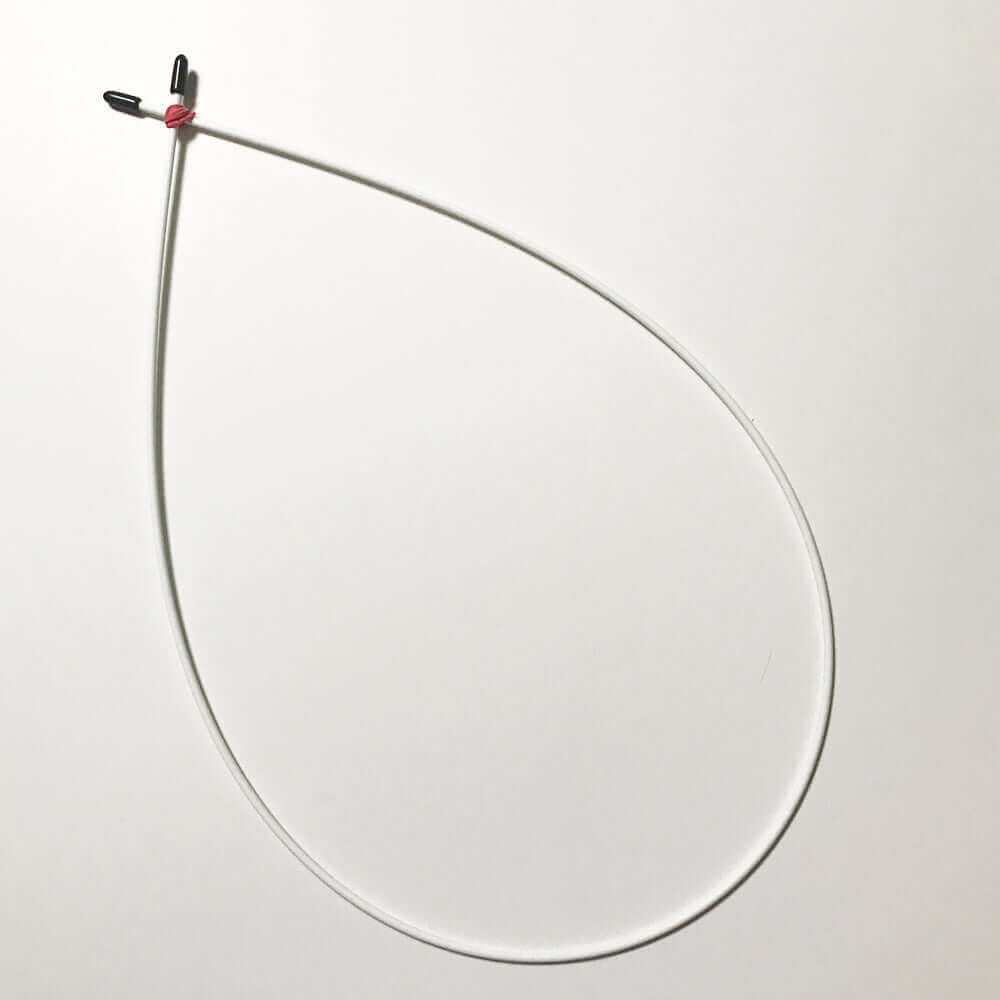  A flexible white worship flag pole in a teardrop shape, shown against a plain white background with black rubber end caps and a pink fastener securing the ends.