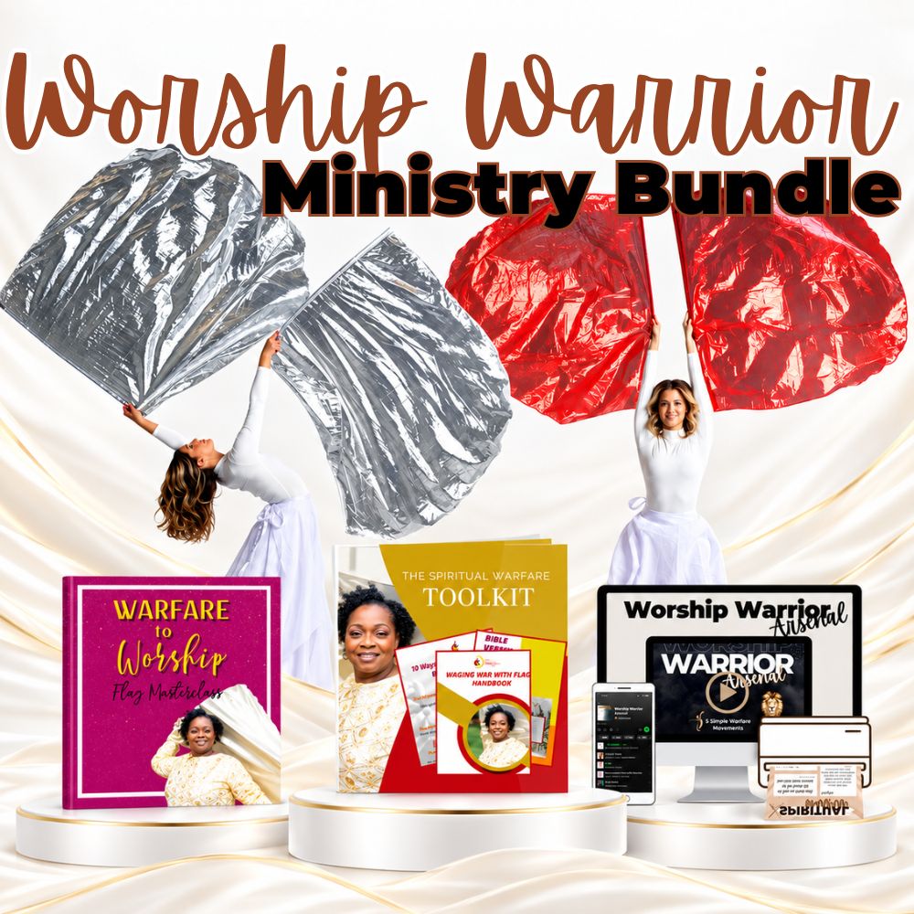 Warrior Ministry Bundle with Red Metallic and Silver Metallic worship flags, Spiritual Warfare Toolkit, Warfare to Worship training, and Worship Warrior Arsenal.