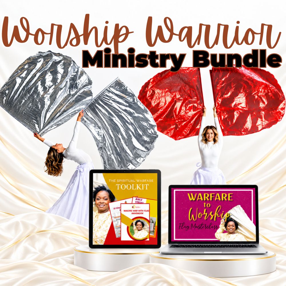 Promotional graphic for the Worship Warrior Ministry Bundle, showing two women in white robes holding shiny silver and red fabric shields, with two digital screens below displaying a tablet and laptop with ministry materials. Large text at the top reads 'Worship Warrior Ministry Bundle' on a cream satin background.