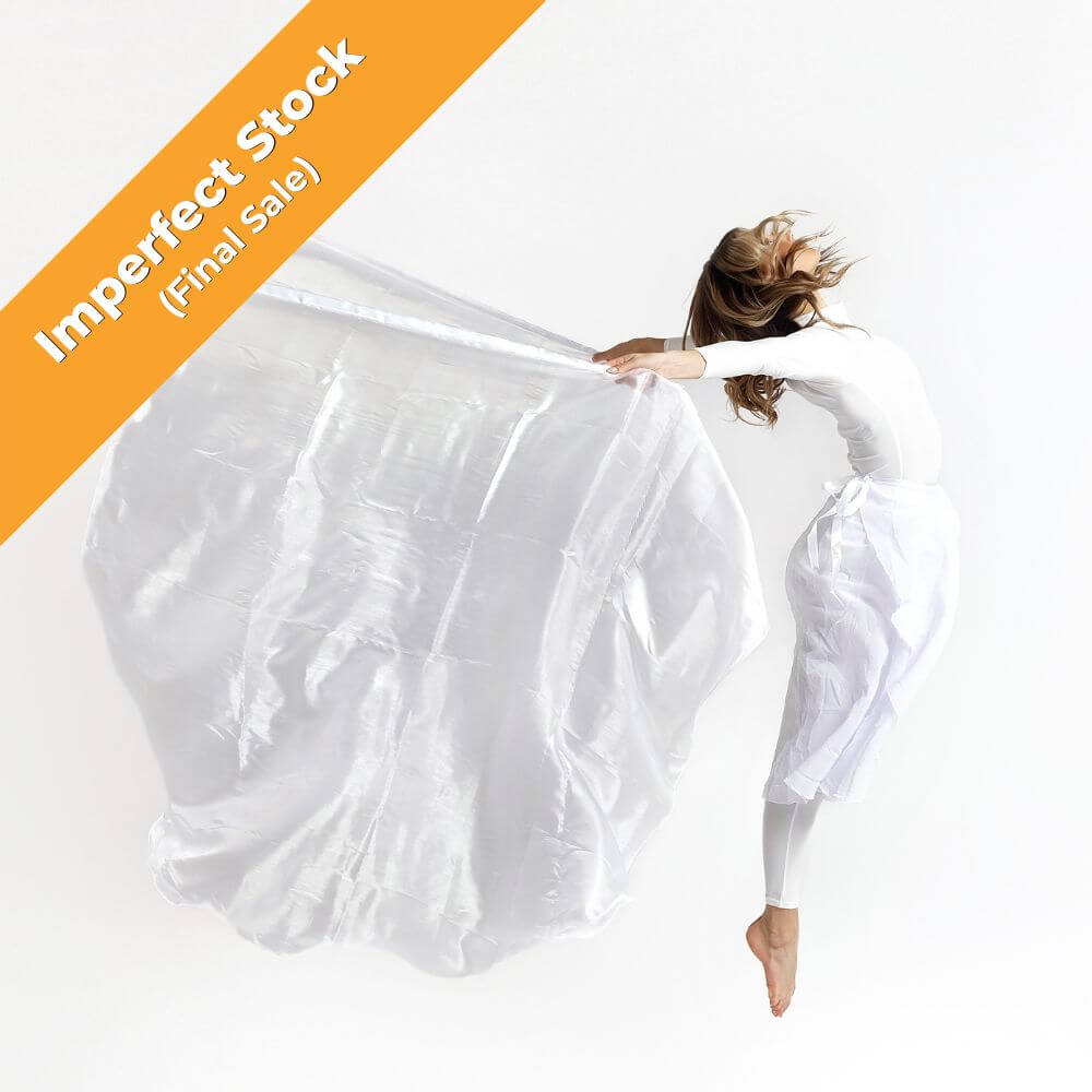 Woman dancing with large White Shimmer worship flags, marked Imperfect Stock Final Sale.