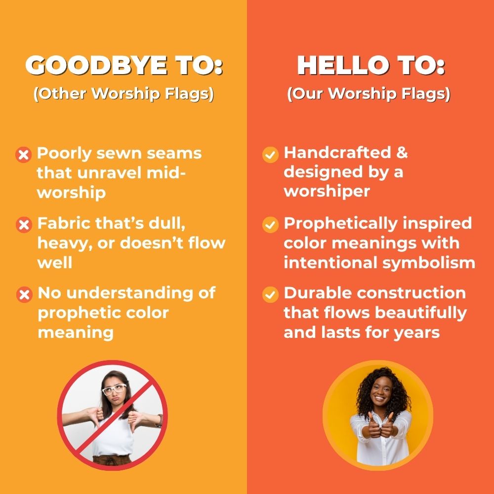 Side-by-side comparison of Catch the Fire Worship Flags vs. other worship flag, highlighting flexible rods, durable fabric & design, and prophetic bible color meanings