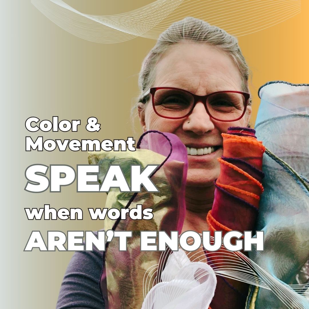 Woman smiling and holding vibrant rolled dance flags from Catch the Fire Worship Flags with the text "Color & Movement Speak when words aren't enough" 
