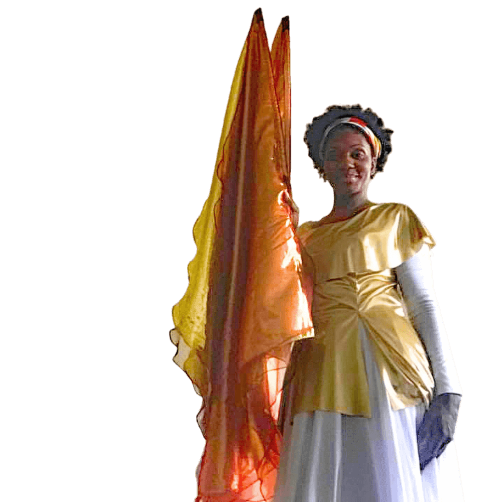 Strong female black worship warrior holding Lion of Judah worship flags to push back the darkness with worship flags